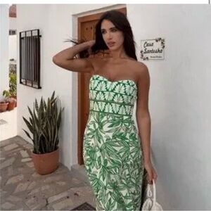 Zara Strapless Dress with Green Leaf Pattern